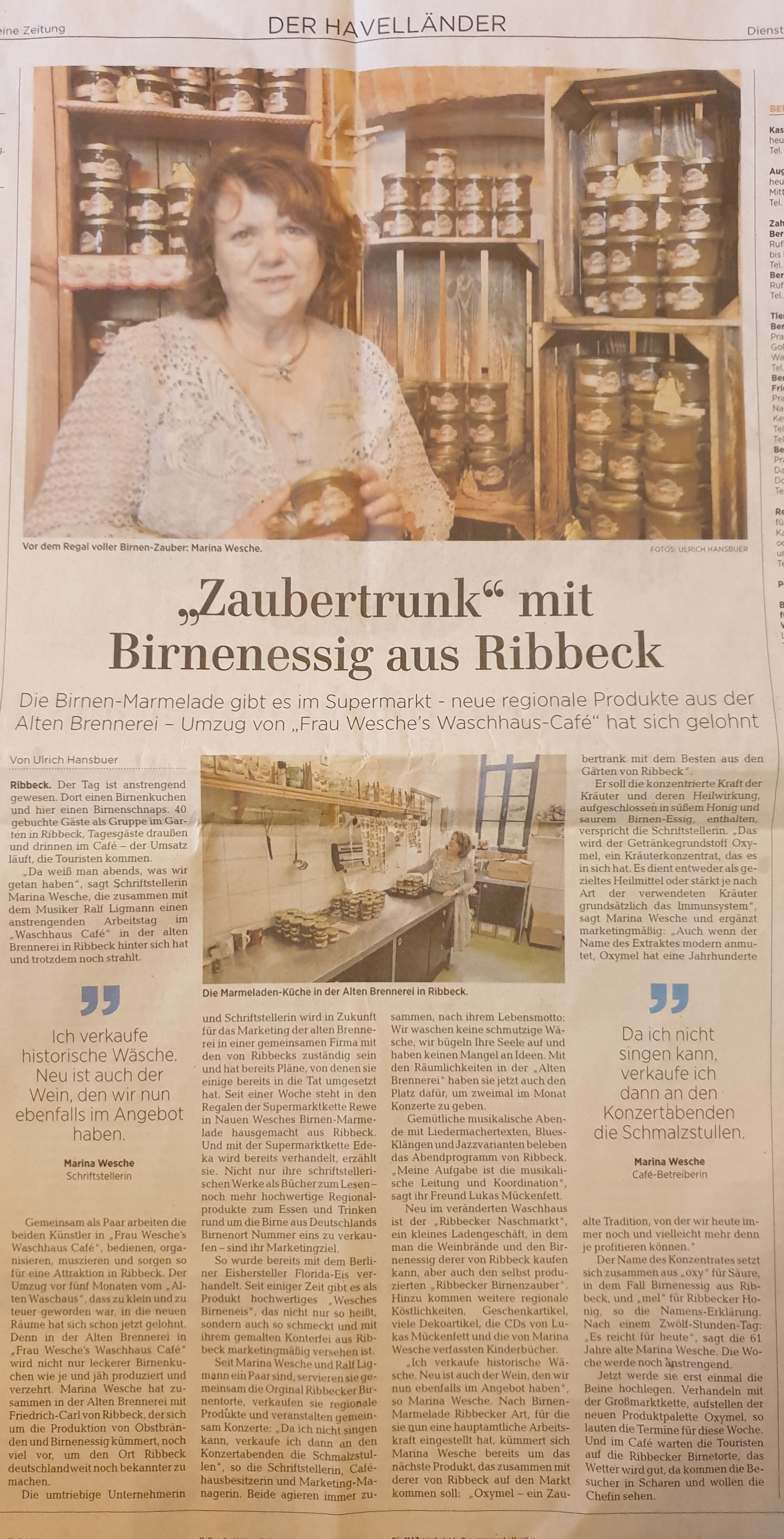 Zeitungsausschnitt &uuml;ber Birnenessig aus Ribbeck
